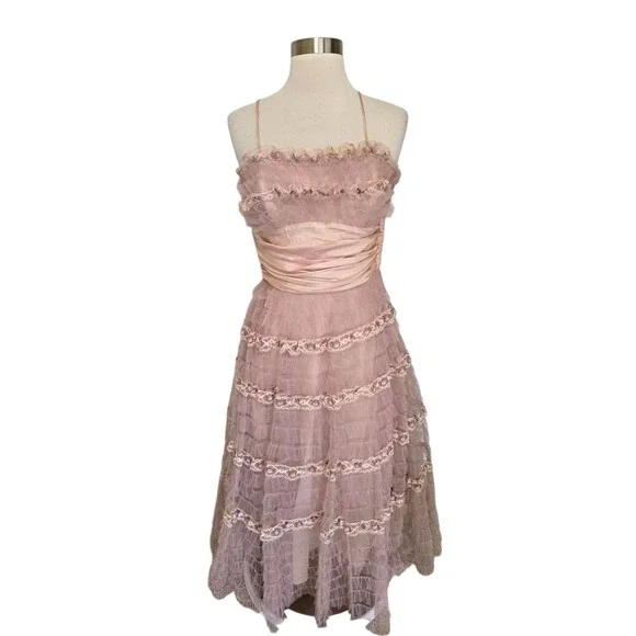 1950s Vintage Womens Pink Tulle Gown Dress Floral Detail - Picture 1 of 11